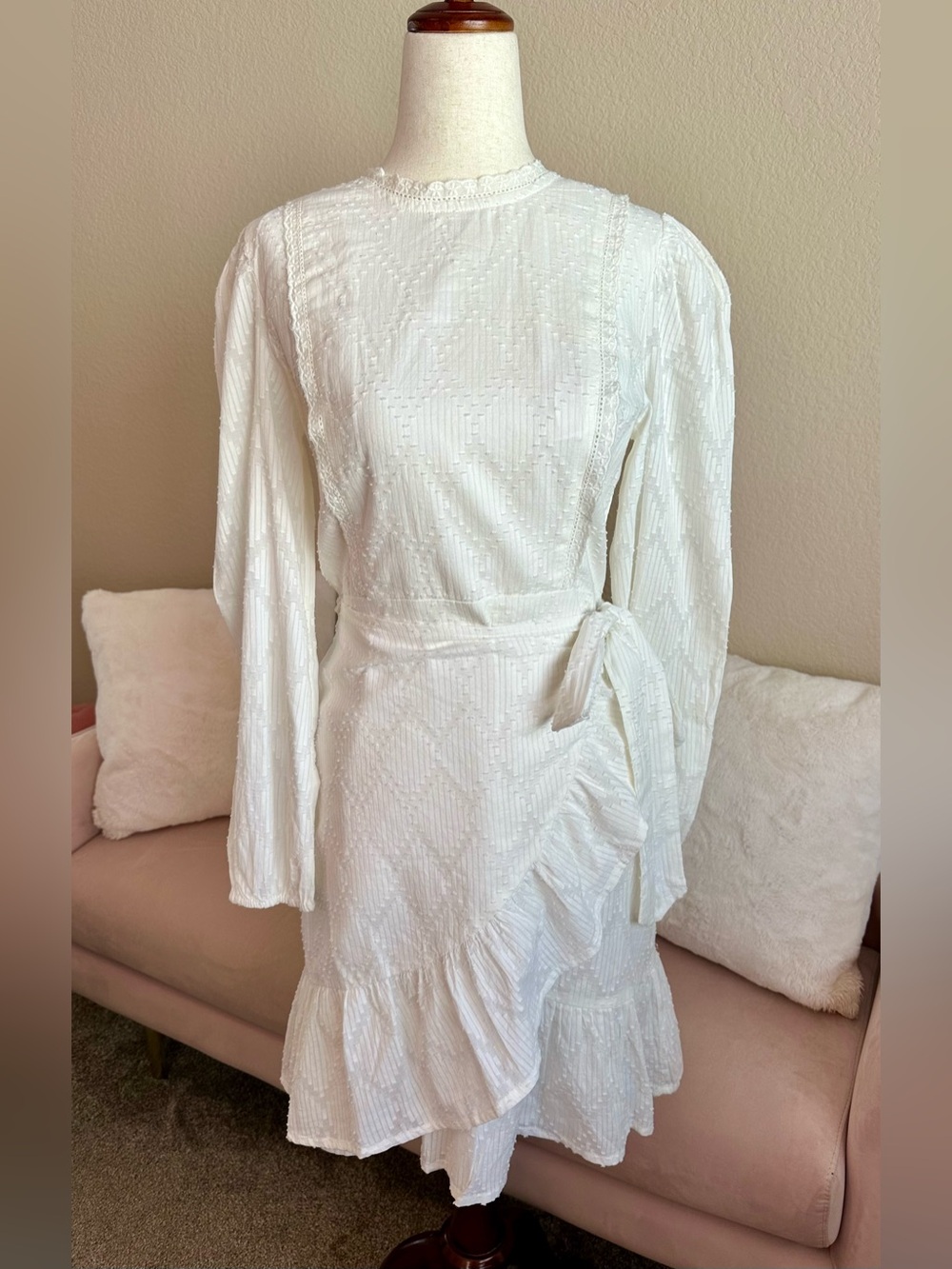 J.CREW Mini Dress Tie Wrap Waist Puff Long Sleeve Ivory Women’s XS Cottagecore